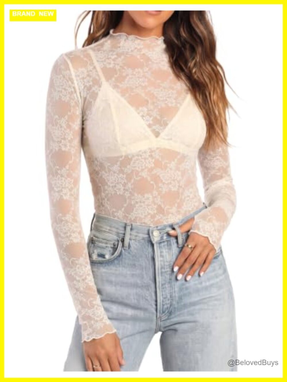 Womens Mesh Long Sleeve Top Sheer Lace Blouse Mock Neck Shirt